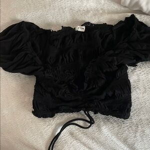 Garage Black Puff Sleeve Smocked Blouse